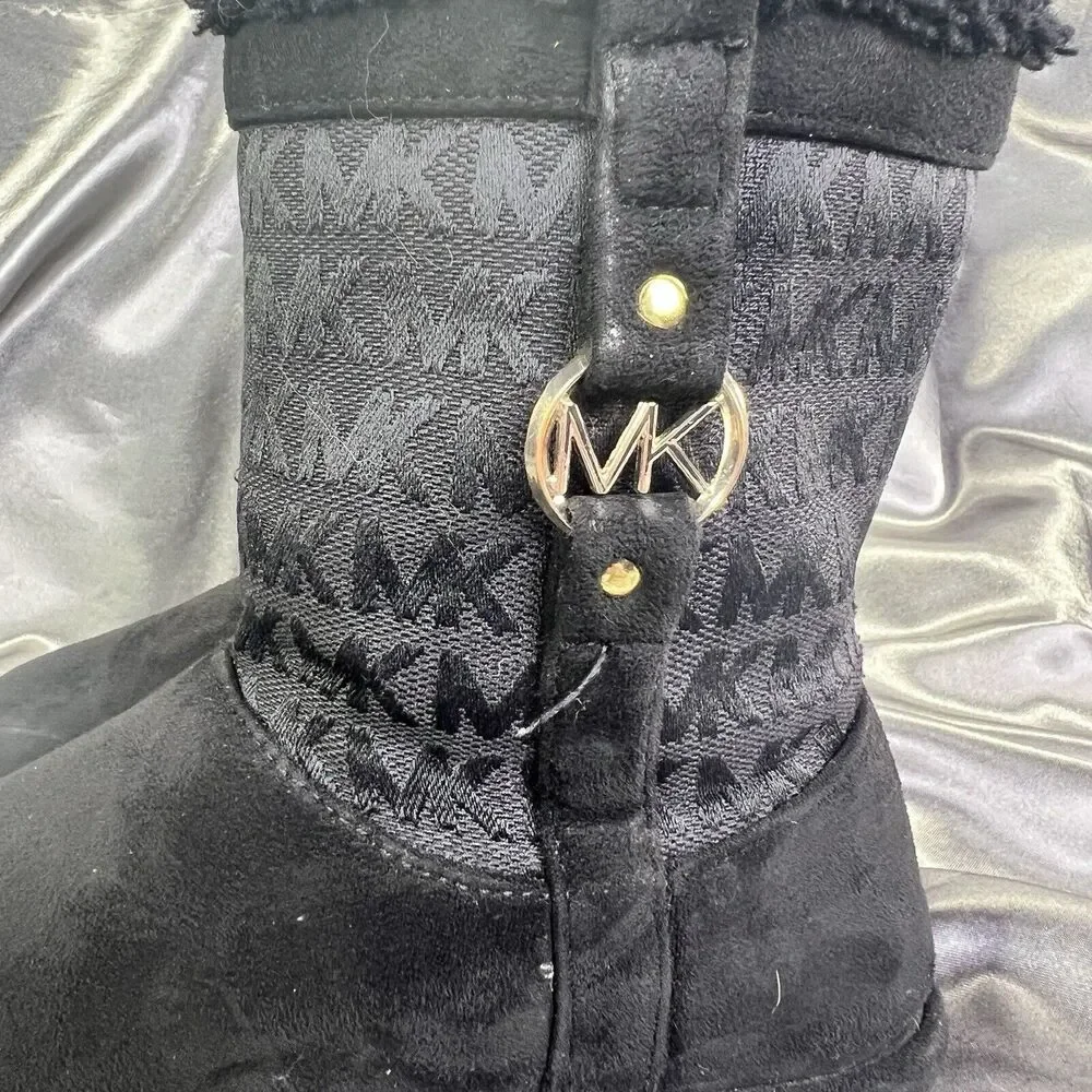 Michael Kors Yancy Faux‎ Fur Boots Booties Girls 13 Black / Gold MK Logo Winter